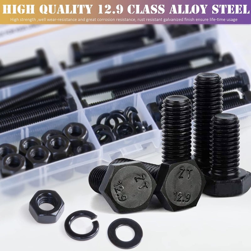 ZTF 224 PCS Metric M6 M8 M10 Heavy Duty Hex Cap Bolts and Nuts Flat & Lock Washers Assortment Kit, 12.9 Grade Alloy Steel Metric Fully Thread Hexagon Allen Machine Bolt, 8 Most Common Sizes, DIN 933 - Image 2